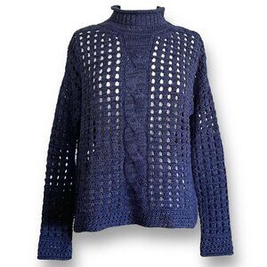 Free People Womens Denim Blue Sweater XS Open Cable Knit Mock Neck Oversized
